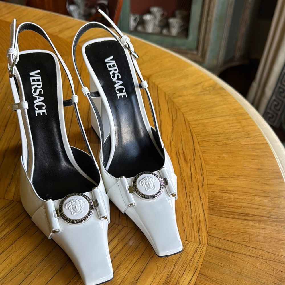 Versace White Slingback Heels with Silver Embellishment